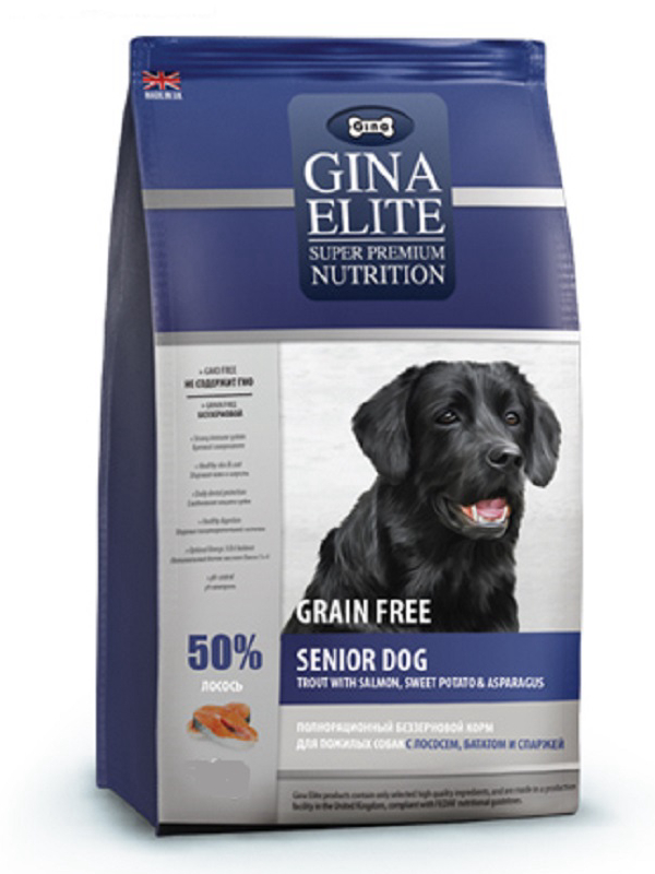 Gina Elite корм для пожилых собак, беззерновой, лосось, с бататом, со спаржей 1 кг