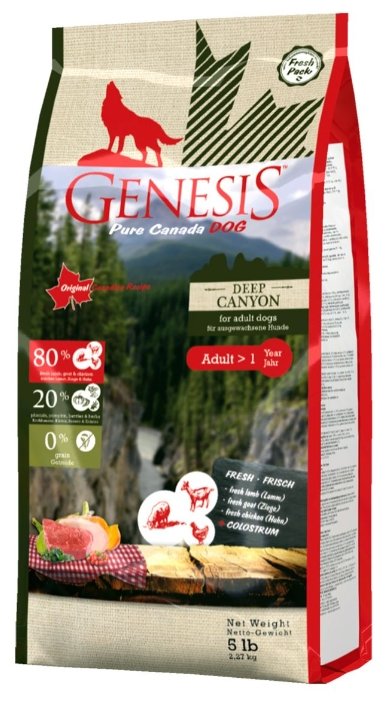 Genesis корм для взрослых собак всех пород, курица, ягненок и коза 2,268 кг