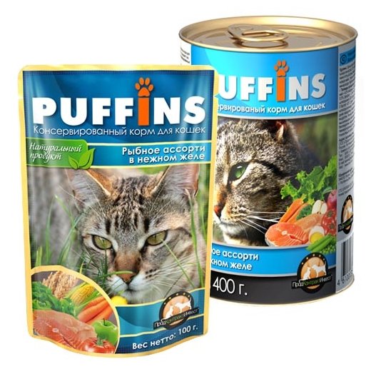 Puffins Пуффинс консервы для кошек Рыбное ассорти в желе 400г, 62127