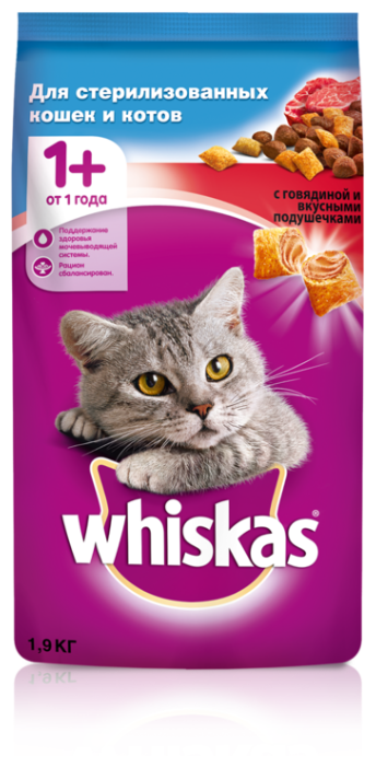 Whiskas Сухой корм для кастрированных кошек с говядиной, профилактика МКБ 10139180/10218345, 1,900 кг