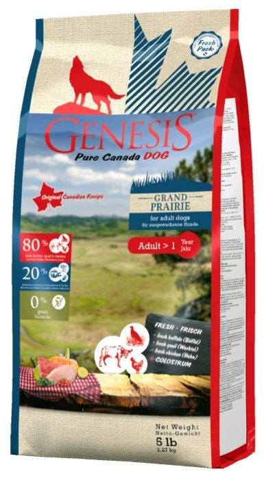 Genesis корм для взрослых собак всех пород, чувствительное пищеварение, курица, буйвол и перепелка 2,268 кг