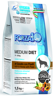 Forza10 ВИА Диетический корм для взрослых собак средних пород из конины, гороха и , 1,500 кг