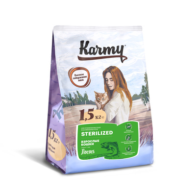 Karmy Сухой корм для стерилизованных кошек и кастрированных котов с лососем 73312 | Karmy Sterilized, 1,5 кг, 41973