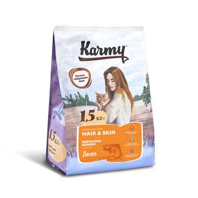 Karmy Сухой корм для кошек поддерживающий здоровье кожи и шерсти с лососем 73318 1,500 кг 41975, 9001001231