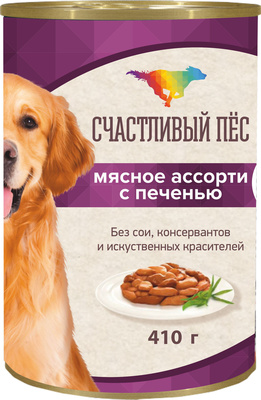 Счастливый пес ВИА Мясное ассорти с печенью консервы для собак 71521, 0,410 кг, 15001001246
