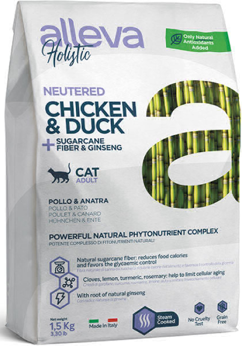 ALLEVA HOLISTIC CAT дк Neutered  кастрированных и стерилизованных с курицей и уткой, волокнами сахарного тростника и женьшенем 1,5 кг 2882