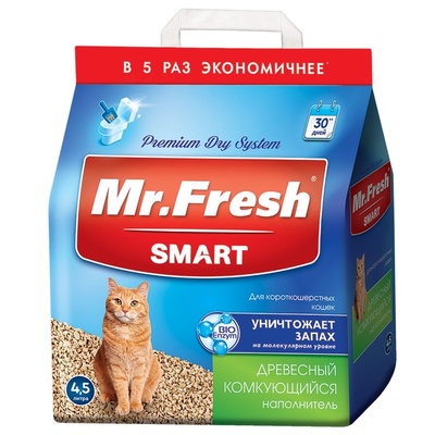 Mr.Fresh Наполнитель древесный комкующийся для короткош кошек 4,5л2,1кг F601 2,125 кг 38502