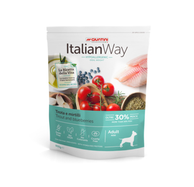 Italian Way Беззерновой корм для собак малых пород со свежей форелью и черникой,контроль веса и профилактика аллергии (ITALIAN WAY MINI IDEAL WEIGHT TROUTBLUEBERRY) DITWA24080, 8 кг , 8001001256