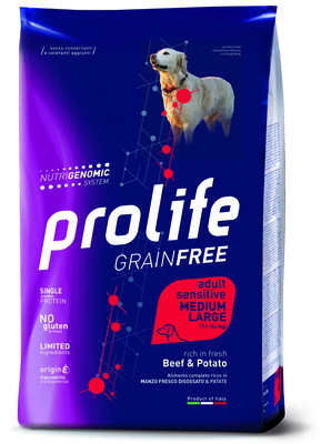 Prolife ВИА Сухой корм для собак Grainfree Adult Sensitive Medium/Large Говядина и Картофель ZCD35409, 2,500 кг, 16001001264