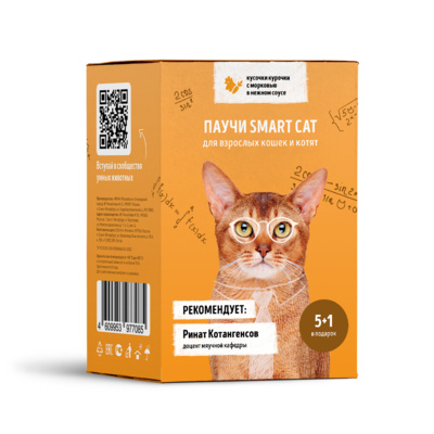 Smart Cat паучи Набор паучей 5+1 в подарок для взрослых кошек и котят: кусочки курочки с морковью в нежном соусе 52547 0,510 кг 52547, 17001001282