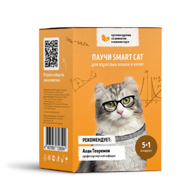 Smart Cat паучи Набор паучей 5+1 в подарок для взрослых кошек и котят: кусочки курочки со шпинатом в нежном соусе 52548, 0,51 кг 
