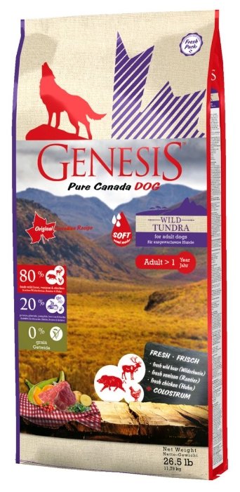 Genesis полувлажный корм для взрослых собак всех пород, мясо кабана, оленя и курицы 11,79 кг