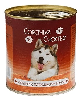 Собачье Счастье влажный корм для взрослых собак всех пород, говядина и потрошки в желе 750 гр