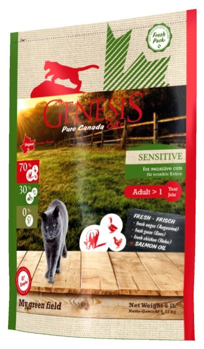 Genesis корм для взрослых кошек всех пород, чувствительное пищеварение, говядина, гусь и курица 340 гр