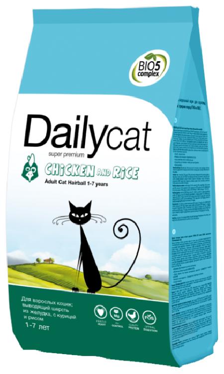 Dailycat корм для взрослых кошек всех пород, вывод комочков шерсти, курица и рис 400 гр