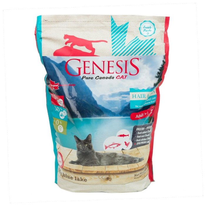 Genesis корм для взрослых кошек всех пород, идеальная кожа и шерсть, лосось, форель и курица 340 гр