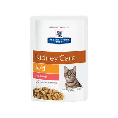 Hills вет.консервы Паучи K/D для кошек при лечении почек с лососем (кусочки в соусе) 1884M, 0,085 кг