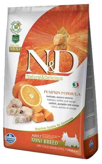 Farmina N&D корм для взрослых собак малых пород, беззерновой, треска с апельсином и тыквой 800 гр
