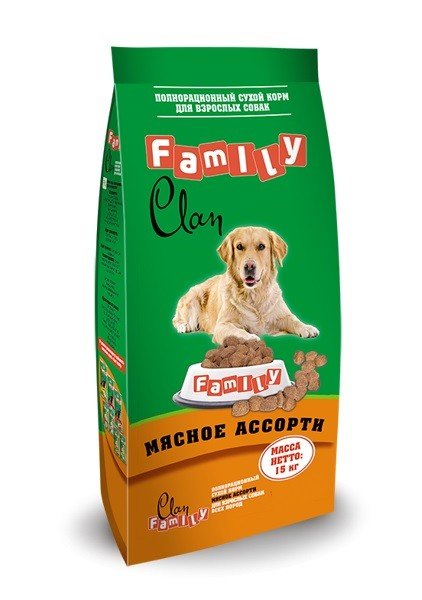 Clan Family корм для взрослых собак всех пород, мясное ассорти 15 кг