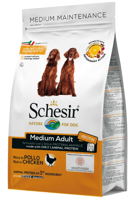 Schesir корм для взрослых собак средних пород, курица 12 кг