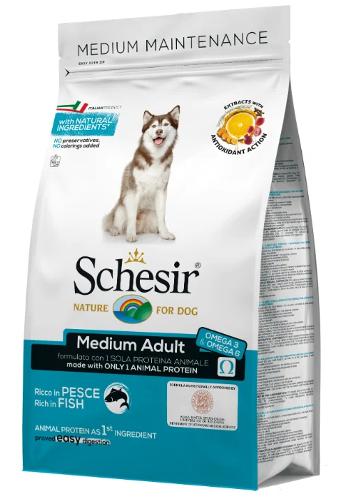 Schesir корм для взрослых собак средних пород, рыба 12 кг