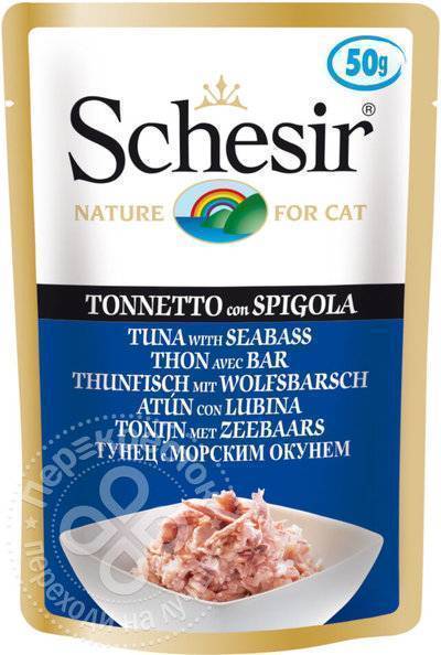 Schesir влажный корм для взрослых кошек всех пород, тунец с морским окунем 50 гр
