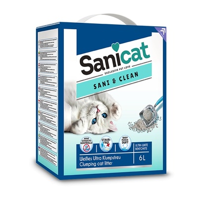 Sani Cat ВИА Комкующийся белый наполнитель с ароматом детской присыпки (Sani&Clean 6l) PSANCLBP006L31, 5,300 кг