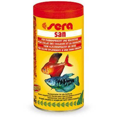 Sera Корм для рыб SAN хлопьевидный корм для ежедневного кормления и улучшения окраски всех видов ры 100 мл
