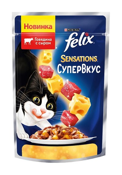 Felix Паучи Sensations кусочки в желе для кошек Супер Вкус Говядина и Сыр 1244896812493544 0,075 кг 44233