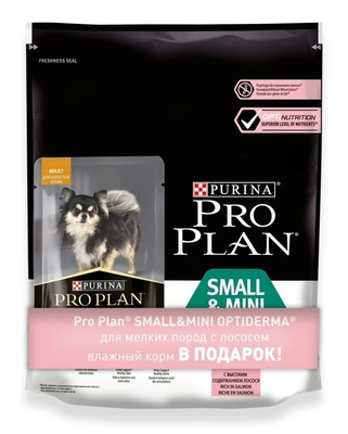 Purina Pro Plan ВИА Акция 700+100г  в подарок Для взрослых собак малых пород с чувствительной кожей, лосось и рис 12441188, 0,800 кг