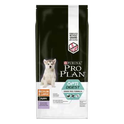 Purina Pro Plan Сухой беззерновой корм для щенков средних пород с чувствительным пищеварением с индейкой (12425035), 12 кг 