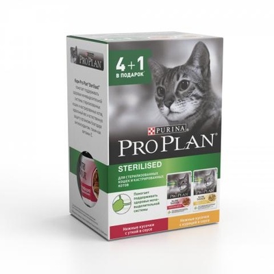 Purina Pro Plan Набор 4+1 Паучи Кусочки в соусе для кастрированных кошек с курой и уткой 12363625, 0,425 кг