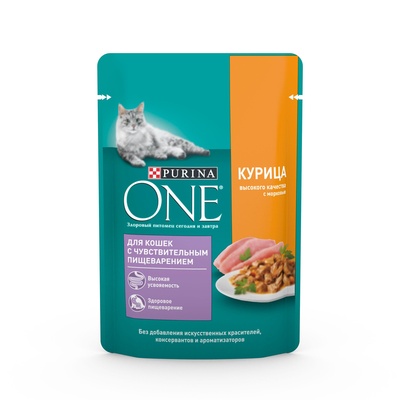 Purina One Паучи для кошек с чувствительным пищеварением с курицей и морковью 124218081245615112483287, 0,075 кг 