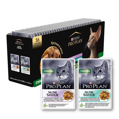 Purina Pro Plan (паучи) Мультипак Паучи для кастрированных кошек 36шт (индейка, океаническая рыба в желе) 12486292, 3,06 кг 