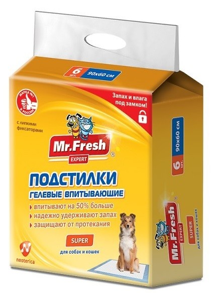Mr.Fresh Подстилка-пеленка для кошек и собак Expert  Super впитывающая 90 см*60 см 6 шт. F509 0,500 кг 55869