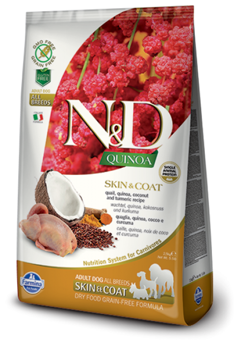 Farmina N&D Quinoa корм для собак всех пород, для кожи и шерсти, беззерновой, перепел и киноа 2,5 кг