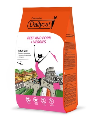 DailyСat ВИА Для взрослых кошек с говядиной, свининой и овощами (Adult Beef&Pork,Veggies) 730Д, 3,000 кг, 25396