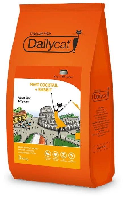 DailyСat ВИА Для взрослых кошек мясной коктейль с кроликом 738ДКк, 3,000 кг, 42400
