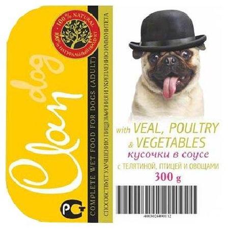 Clan влажный корм для взрослых собак всех пород, кусочки в соусе с телятиной, птицей и овощами 300 гр