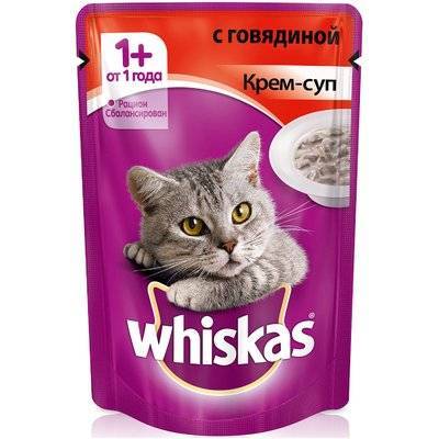 Whiskas влажный корм для взрослых кошек всех пород, крем-суп с говядиной 85 гр