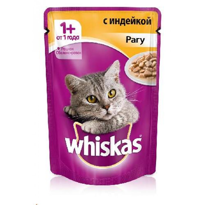 Whiskas влажный корм для взрослых кошек всех пород, рагу с индейкой 85 гр
