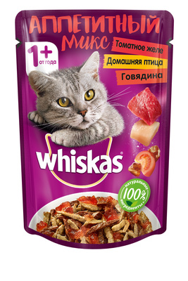 Whiskas ВИА Паучи для кошек микс томат желе говядина и птица 10188855, 0,085 кг