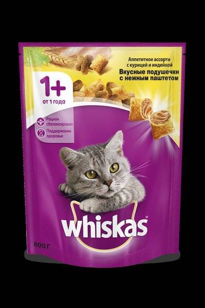 Whiskas Сухой корм для кошек Вкусные подушечки с нежным паштетом Аппетитное ассорти с курицей и индейкой 1016465210218339 0,8 кг 24826