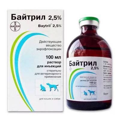 Bayer Байтрил 2,5% раствор для инъекций для собак и кошек, антибактериальный лекарственный препарат 100 мл