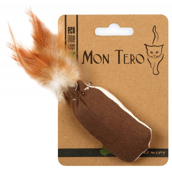 Mon Tero игрушка для кошек с кошачьей мятой Мешочек с перьями 8x4 см, коричнево-белый