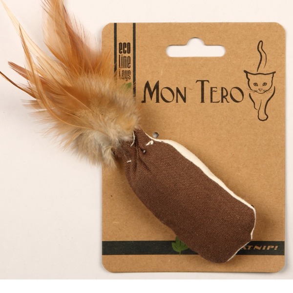 Mon Tero игрушка для кошек с кошачьей мятой Мешочек с перьями 8x4 см, зелено-коричневый
