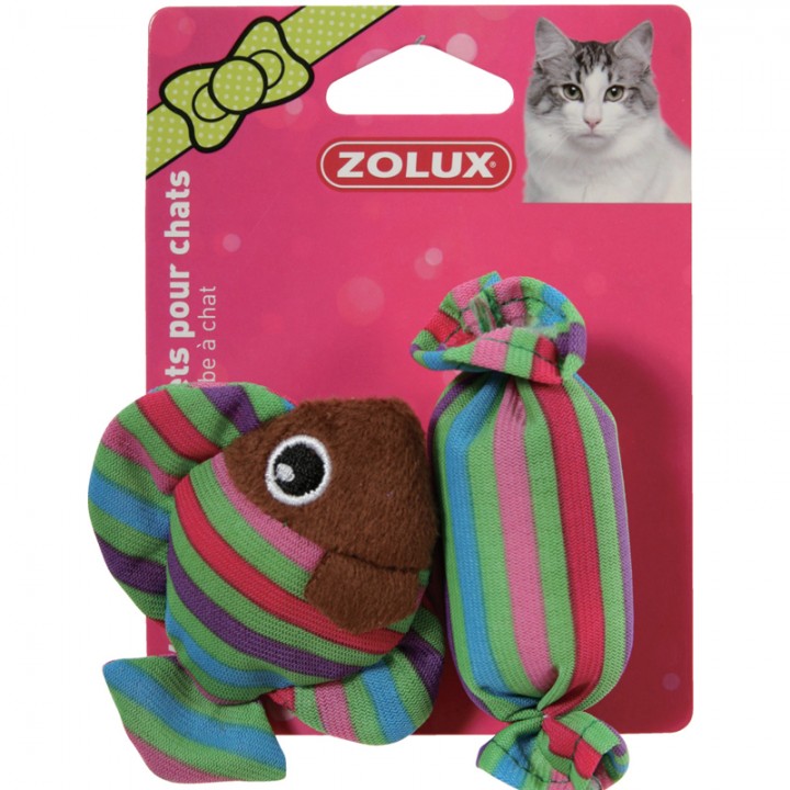 Zolux игрушка для кошек, мягкие рыбки и конфета с мятой зеленый