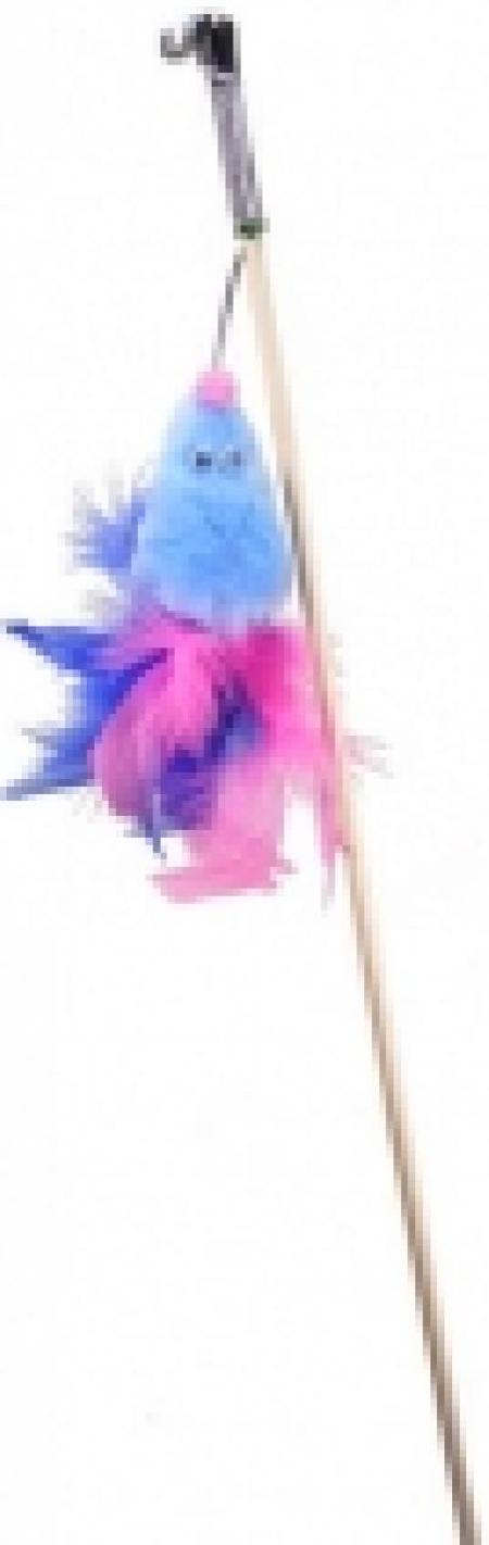 GoSi 07185 Игрушка дкошек Мышь с мятой голубой мех с хвостом перо пышное на веревке этикетка флажок