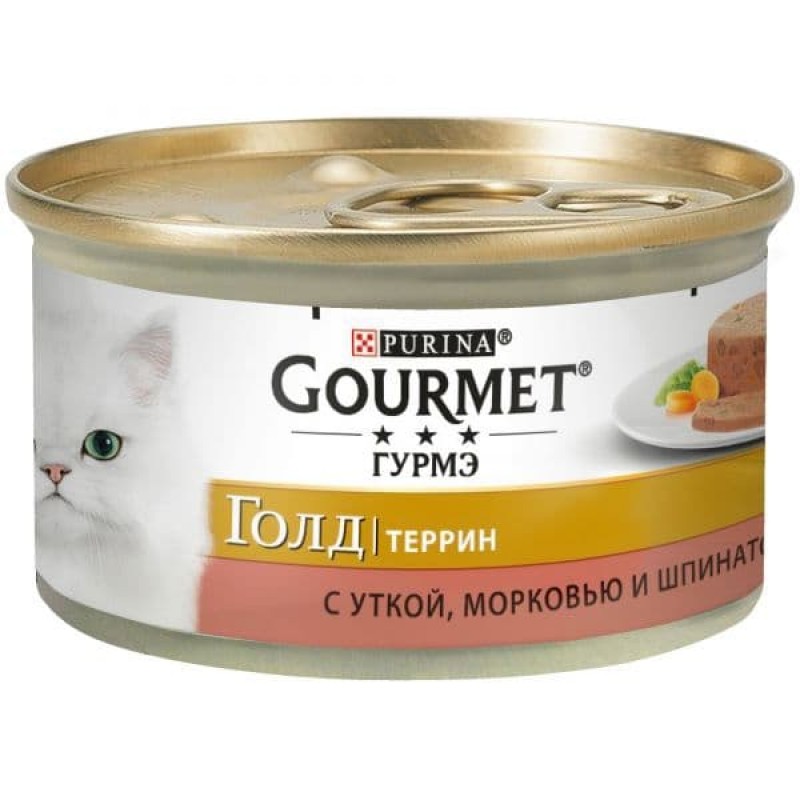 Gourmet Консервы Кусочки в паштете  Gourmet Gold с уткой, морковью и шпинатом по-французски для кошек - 122542041231815712439967 | Gold, 0,085 кг 