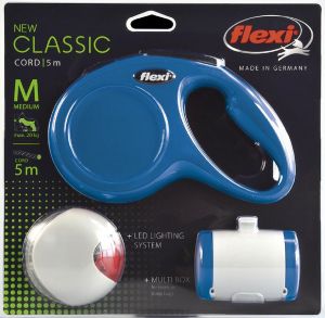 flexi набор (рулетка NEW Classic М (до 20 кг) трос 5 м + LED фонарик + Multi-box) синий, 23617